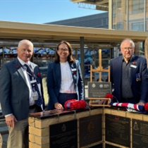 Austin Health Board Chair, Ross Cooke, Chief Executive Officer, Jodie Geissler and Veterans Liaison Officer, Robert Winther at the 2025 ANZAC Day ceremony held in the Remembrance Garden at the Heidelberg Repatriation Hospital.